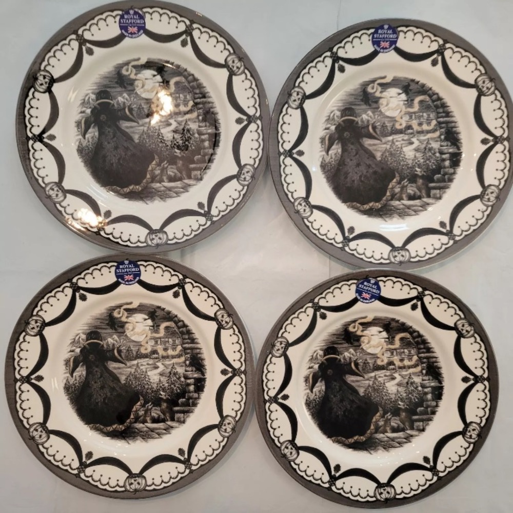 4 Royal Stafford Halloween Guardian Sorcerer Moon Witch 11” Dinner Plates Set